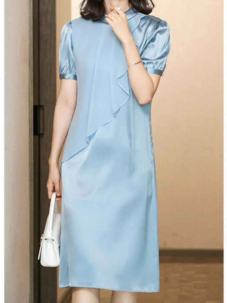 New arrival elastic silk satin women dress,natural silk ruffled round collar summer dress,pure silk binding cuff midi dresses