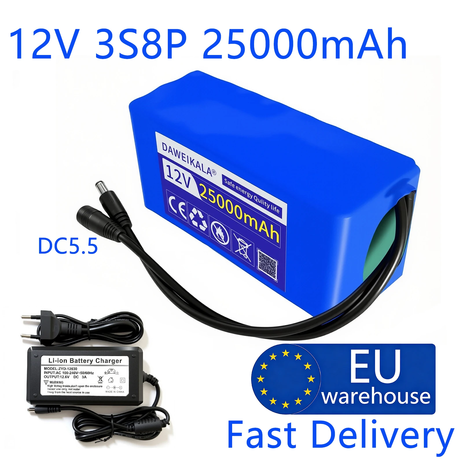 Pacco batteria agli ioni di litio 12V 25Ah 3S8P con celle 18650, scheda di protezione integrata, batteria ricaricabile portatile sicura DC 12 V 12,6 V 25000mAh con caricabatterie 12,6V 3A