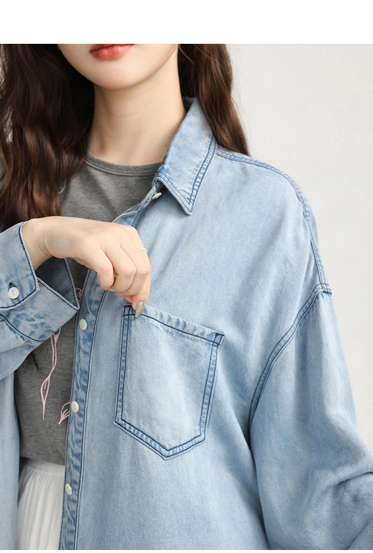 Retro Washed Blue Denim Shirt Oversized Long Sleeve Jacket Top Classic Letter Print Short Sleeve T Shirt Casual Two Piece Outfit