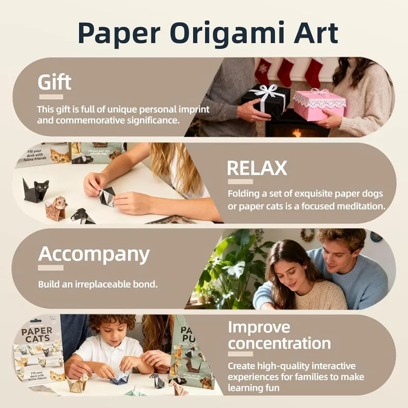 Gats en papier DIY - 50 feuilles de papier Origami DIY pour plier des figurines de chat mignonnes, décoration de bureau d'activité artisanale amusante et cadeau pour les amoureux des animaux de compagnie