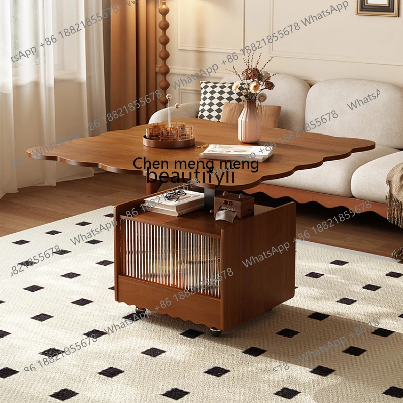 X French Solid Wood Foldable and Hoisting Coffee Table Dual-Use Small Apartment Living Room Movable Side Table Vintage Lace