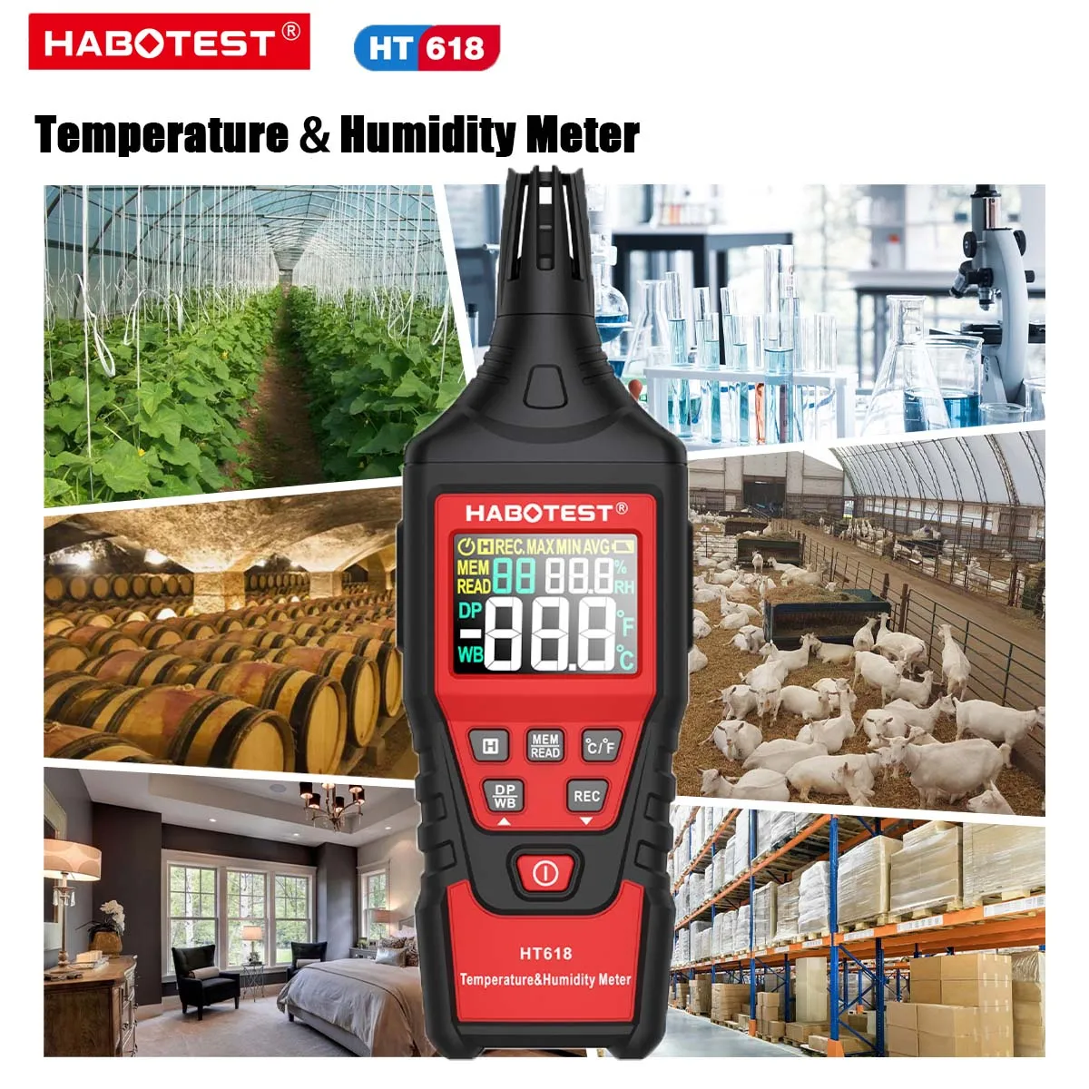 HABOTEST HT618 Digital Psychrometer Thermometer Hygrometer with Backlight Temperature and Humidity Meter with Dew Point