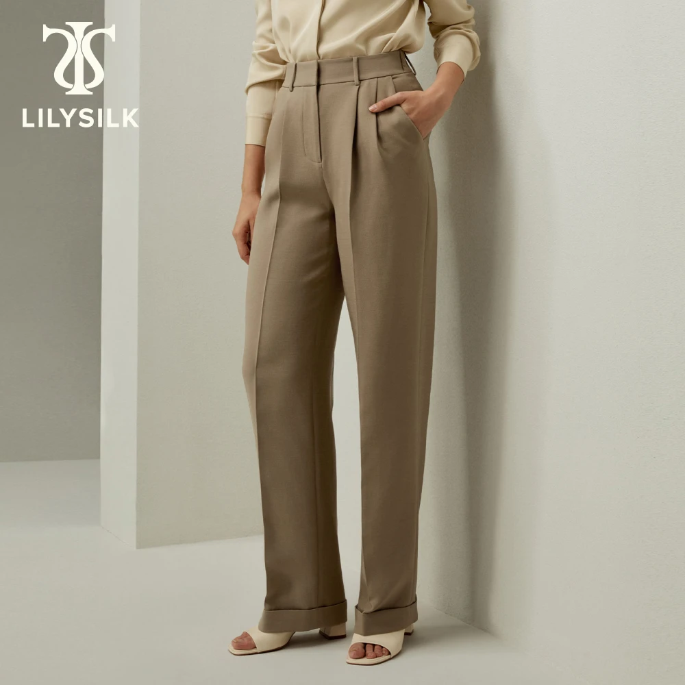 LILYSILK Silk-Wool Blend Khaki Minimalist Trousers
