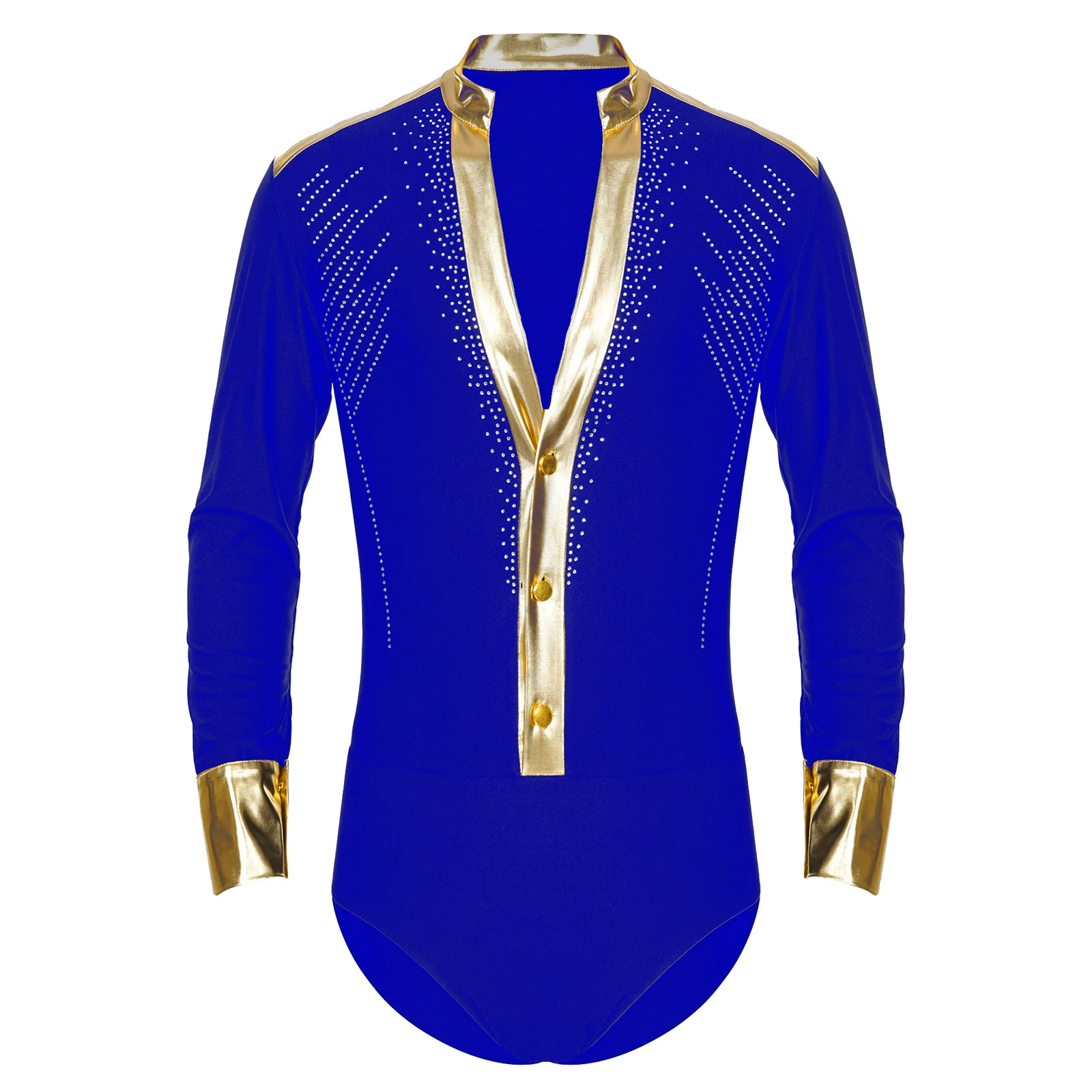 Mens Latin Dance Leotard Shirts Shiny Gold Trim V Neck Long Sleeve Tuxedo Bodysuits Modern Jazz Latin Rumba Ballroom Costume