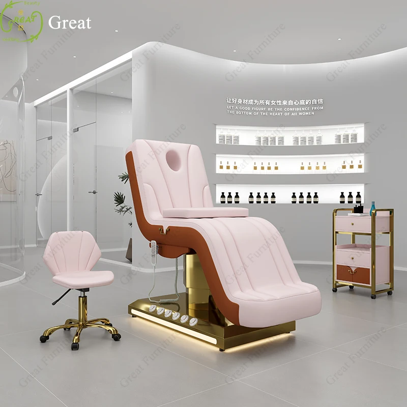 Mesa de masaje con Base dorada de cuero rosa, diseño de nueva llegada, cama de Spa Facial eléctrica de 3 motores con Control de pie, 2024
