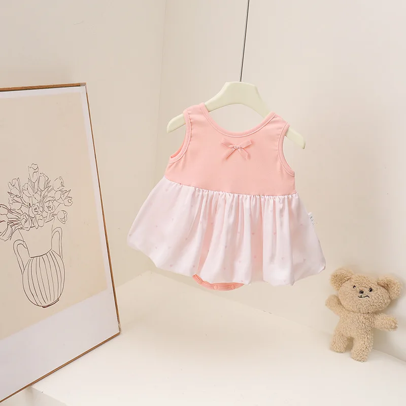 Baby Girls Summer Onesie  Sweet Style Sleeveless Bow Decor Bodysuit Snap Crotch One Piece Outfit For Infant