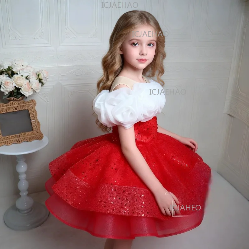 

Gown Sequin Tutu Dress Kids Celebration Performance Flower Girl Wedding Birthday PartyGirls Puff Sleeve Flower Formal Princess