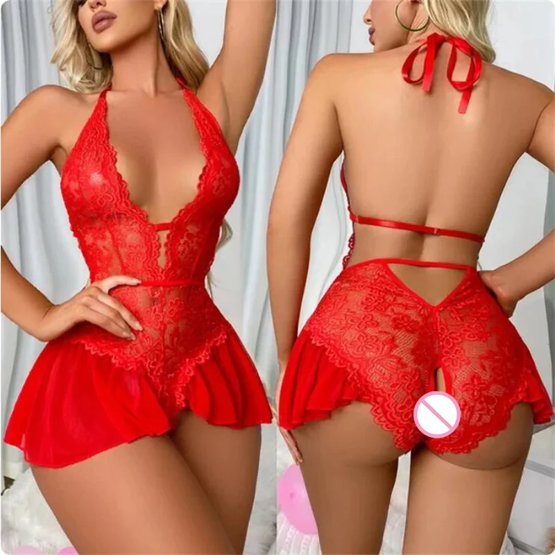 Sexy Crotchless Lingerie Women Lace Hollow Bodysuit Erotic Pajamas Teddy Babydoll Dress Deep V Open Bra Underwear Set