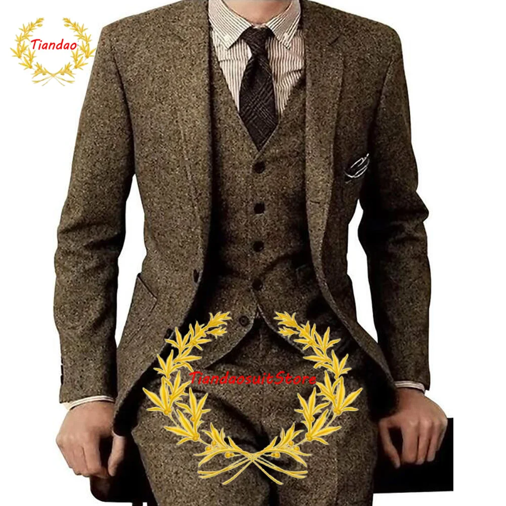 Brown Wool Men's Suit 3 Piece Herringbone Winter Thermal Jacket Pants Vest Slim Fit Business Jacket Formal Complete Outfit