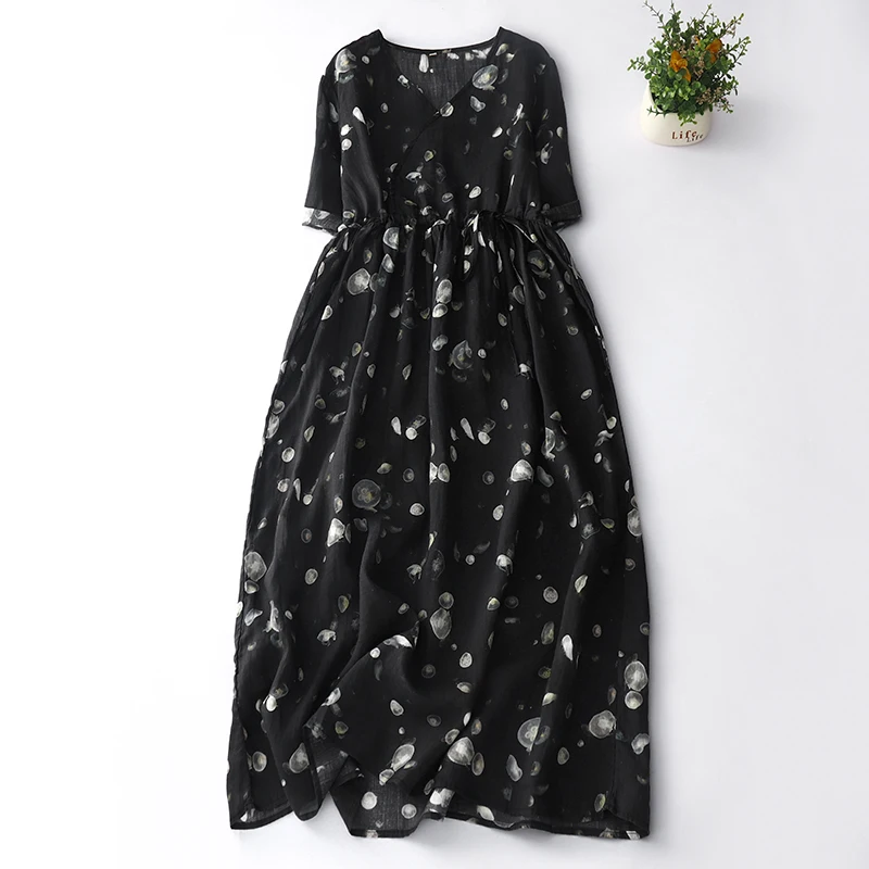 Spring Summer Floral Print Cotton Linen Midi Dress For Women Drawstring Lace-Up Waist A-line Dress Elegant Ladies Casual Dress