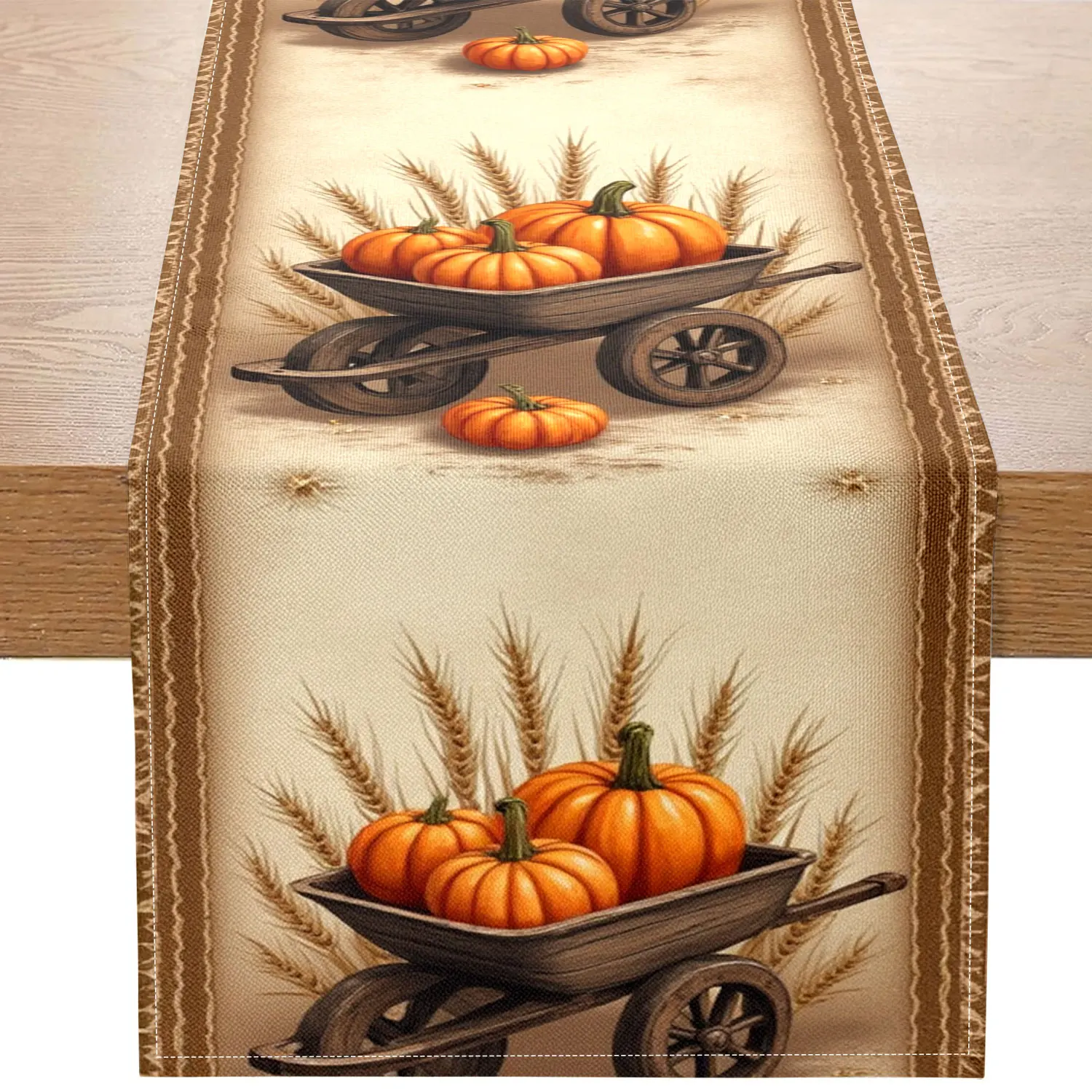 1 Piece of Autumn Harvest Pumpkin-Themed Table Runner with Pumpkin, Wooden Cart, and Wheat Ear Designs, Suitable for Autumn Harvest Parties, Country Restaurants, Home Decoration, Thanksgiving Gatherings, and Photography Background Scenes.