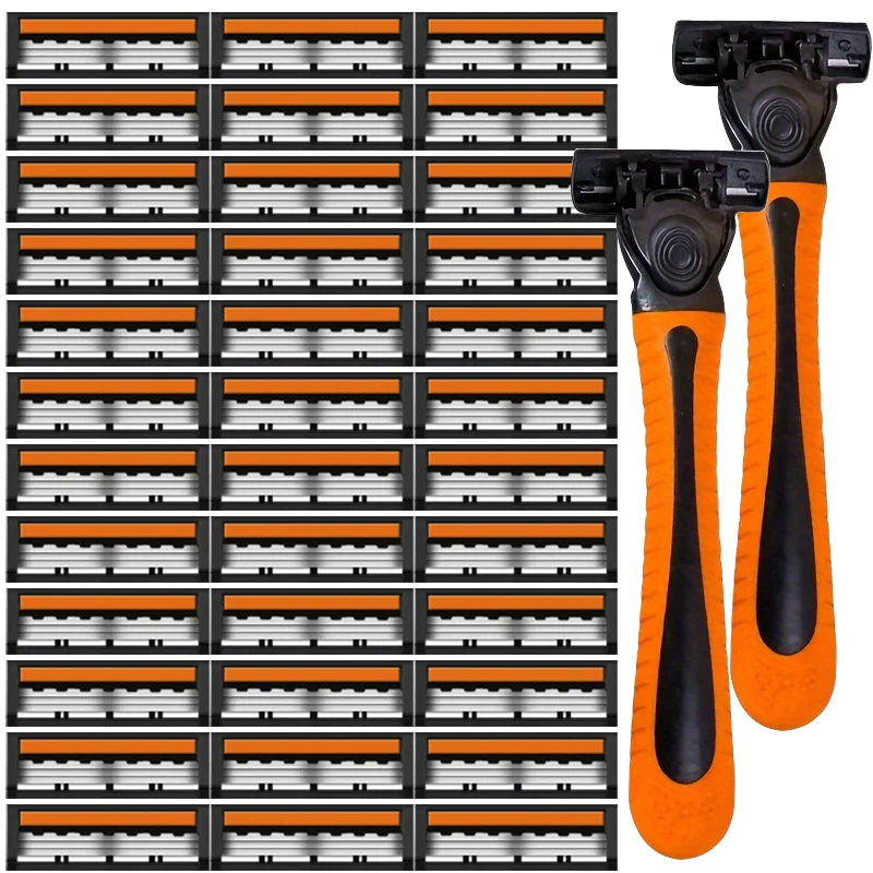 Men's 3-Blade Manual Razor with Non-Slip Handle and Multiple Replacement Blades - Ideal for Trimming Beards and Mustaches