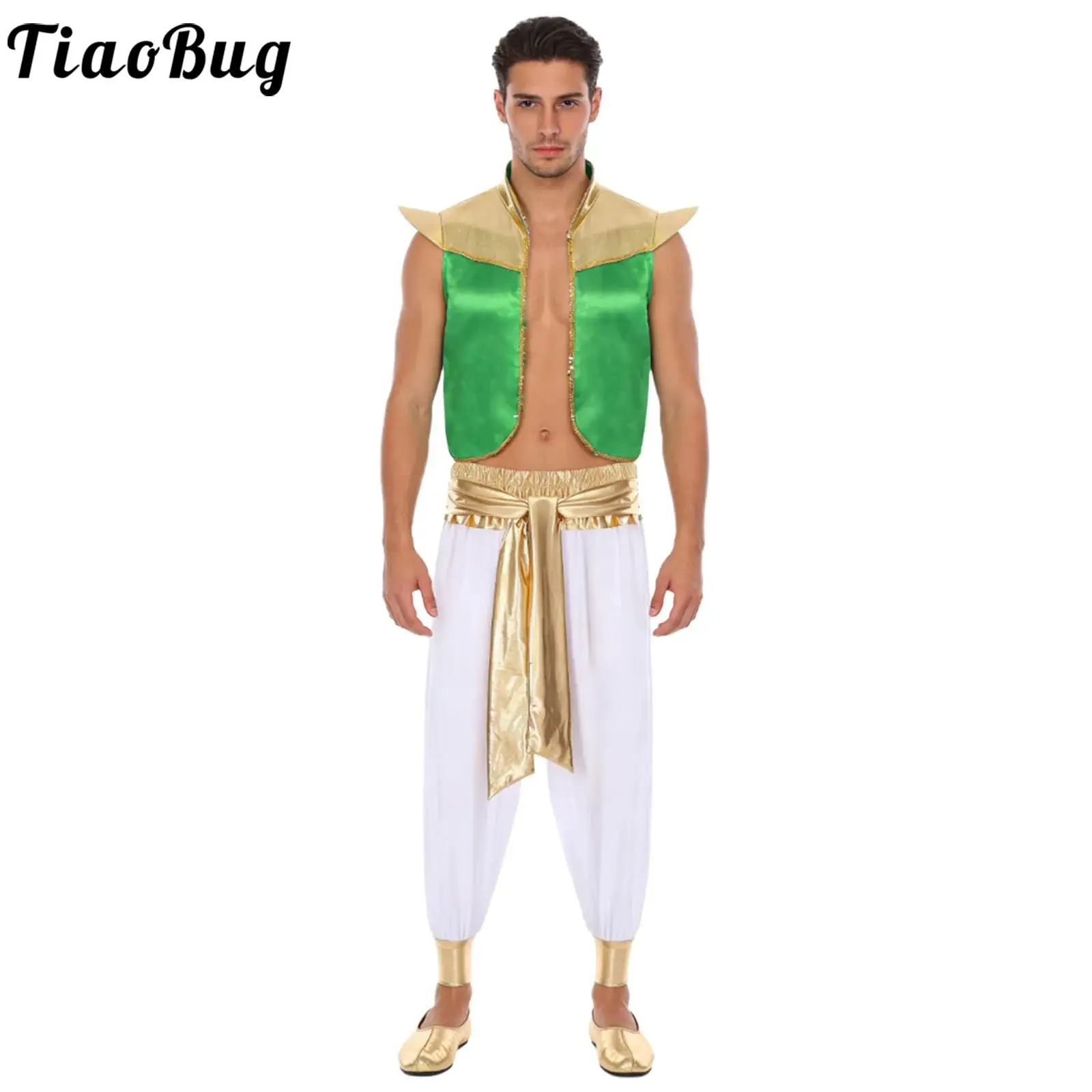 

Men Orient Arabic Prince Vest Trousers Set Fancy Dress Up Halloween Costume Fairy Tale Prince Cosplay Party Magical Lamp Outfit
