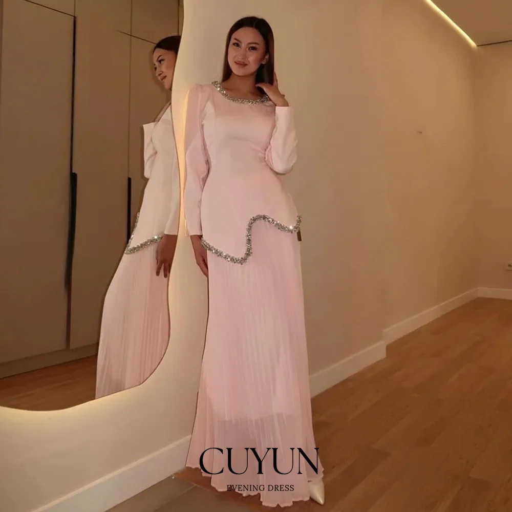 CUYUN-vestidos de fiesta personalizados para mujer, para ocasiones especiales, lujoso vestido de fiesta de manga larga, vestido elegante rosa con cuello redondo brillante
