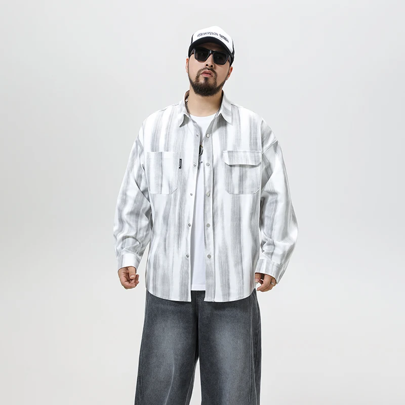 

Oversize Long Sleeve Stripe Shirt Men Streetwear Fashion Loose Casual Plus Size Cargo Shirts Campus Boys Girls Blouses Cardigan