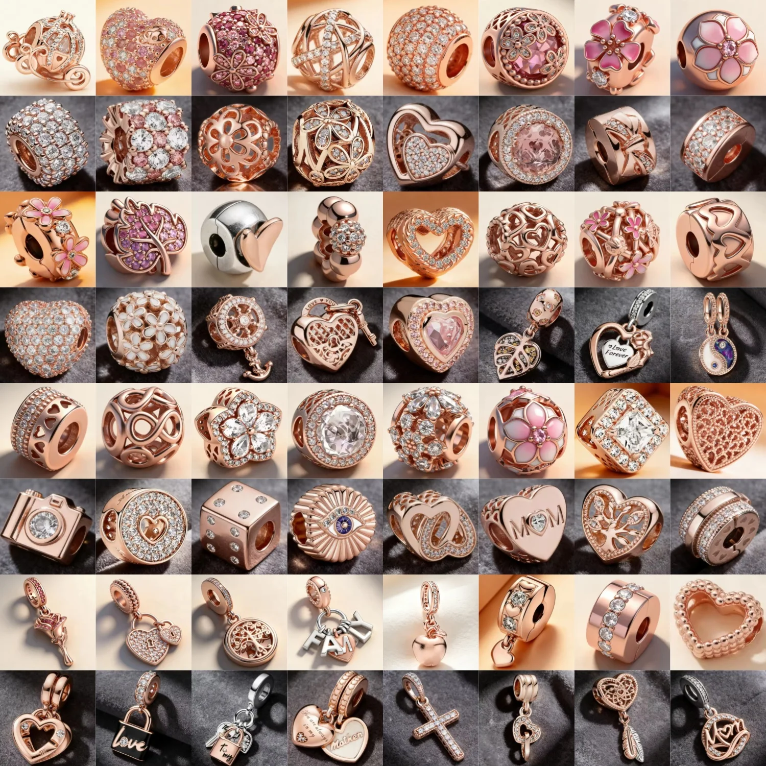 Luxury Rose Gold Heart shaped Flower Tree Camera Letter Pendant Bead Bracelet Jewelry 925 Silver Women's Valentine's Day Gift