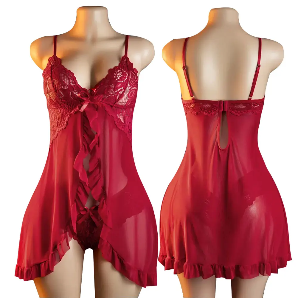 5 Size Choose S M L XL 2XL Pijamas Sets Sling Transparent Sexy Lingerie Women's Underwear See-through Sleepwear Lace Nightdress