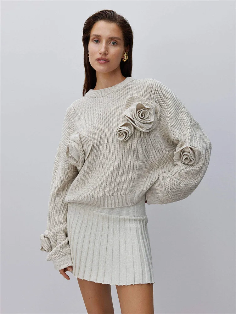 Fashion 3d Rose Round Neck Knitted Pullover Women Casual Long Sleeves Loose Sweater 2024 New Chic Female Commuting Streetwear ﻿