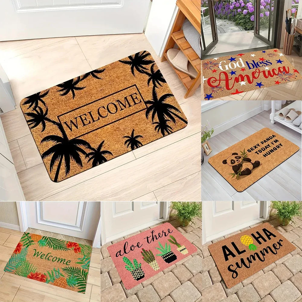 Tropical Style Door Mat With Palm Tree Cactus Pineapple Floral Patterns, Soft Decorative Entryway Rug For Home Indoor Outdoor