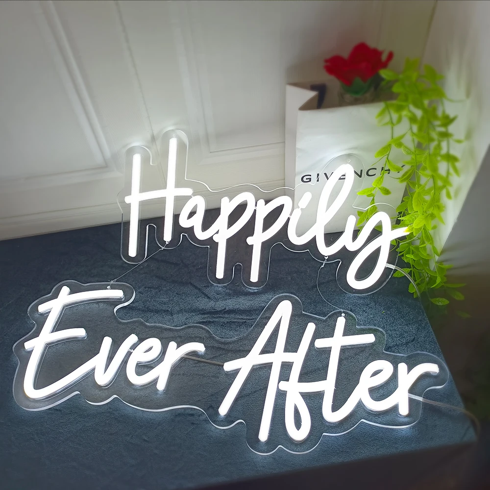 Signe néon happy pilu Ever After de grande taille, décoration murale pour mariage, panneaux roses mieux assortis pour chambre à coucher, fête