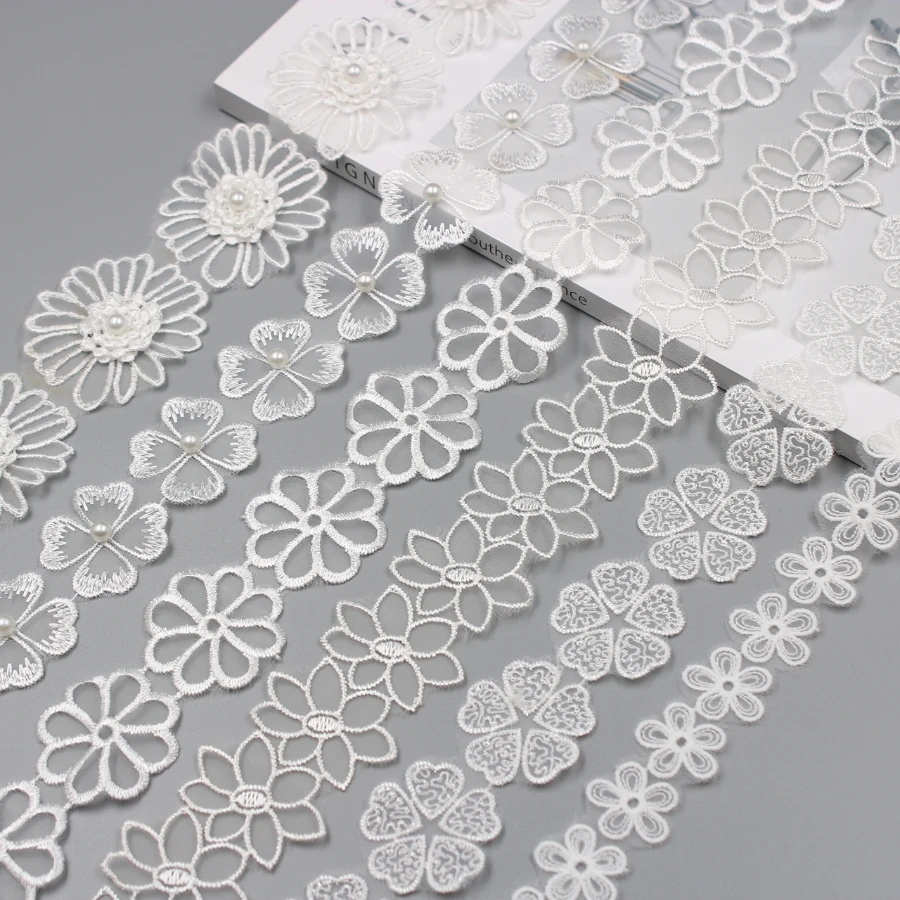 1Yard/Lot Cotton Embroidery White Flower With Pearls Lace Ribbons Wedding Dress Fabric DIY Garment Sewing Accessories