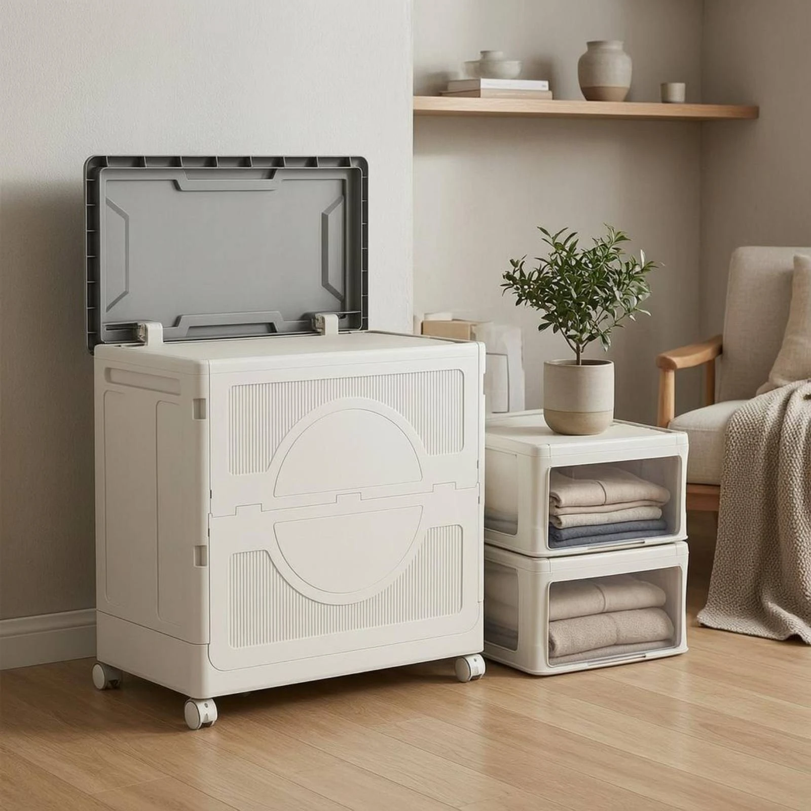 Folding Storage Box Swivel Casters Rolling Storage Box Folding Closet Bin Front-Opening Home Organizer Space-Saving