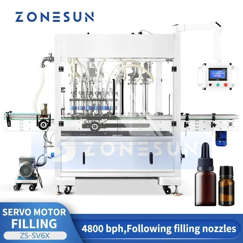 ZONESUN ZS-SV6X آلة تعبئة السوائل المؤازرة ذات 6 رؤوس زجاجة عالية السرعة ذات الحركة المستمرة لصناعة الأطعمة والمشروبات