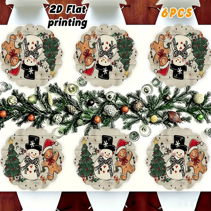 VIKAMA Linen Round Placemats, Rustic Snowman Gingerbread Wood, Washable Stain Resistant Easy Clean, Holiday Dining
