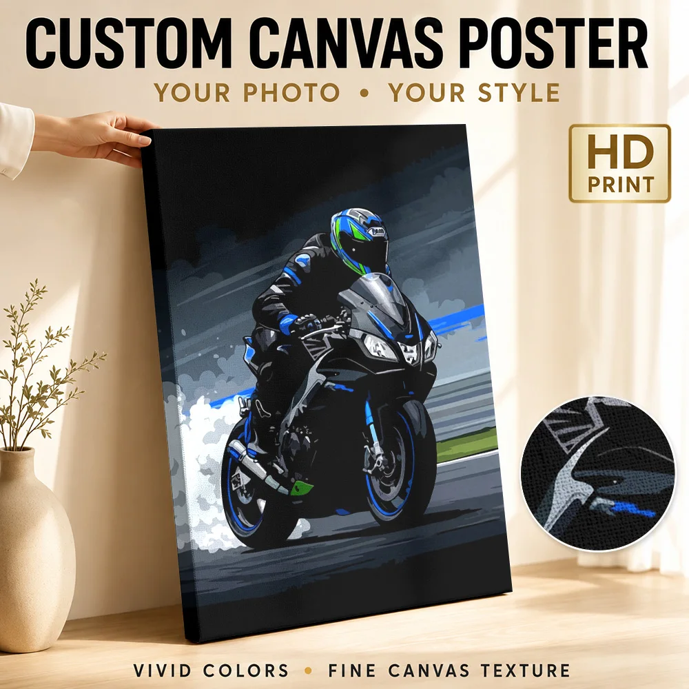 Motorcycle Racer Leaning Into Turn Canvas Poster Personalized Photo Bold Contours And Flat Colors Wall Art For Loft Biker Gift