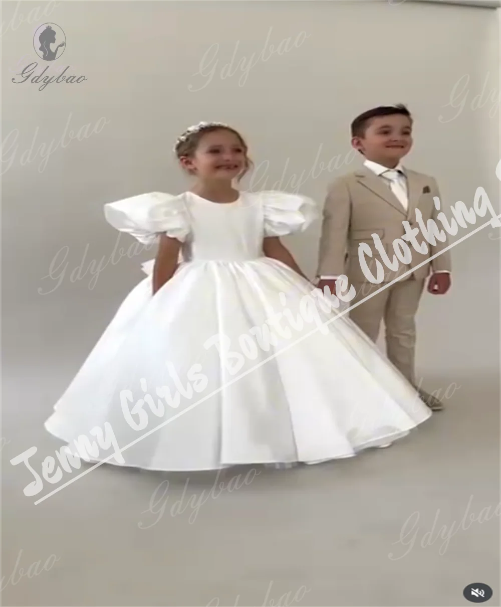 

White Satin Classic New Flower Girl Dresses Fluffy O Neck Wedding Party Child Baptism Birthday Dress Customized