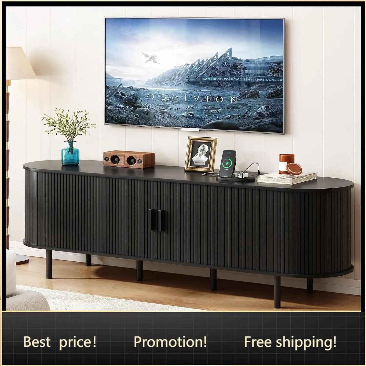 Storage TV Stand 70 Inch Outlet Power Black Fits 75
