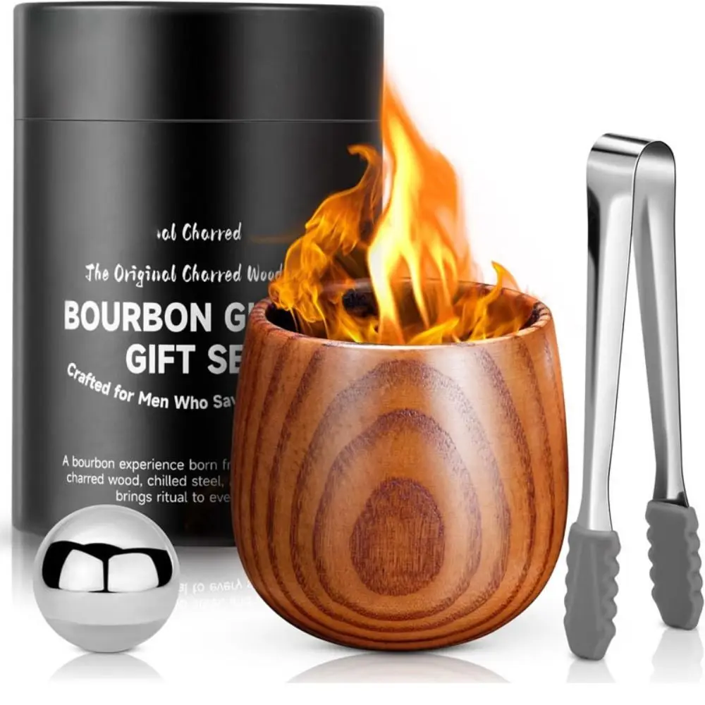 Premium Handmade Whiskey Glass Set Hand Polishing Reusable Bourbon Glass Stainless Steel Ball Charred Wooden Cup Home Bar