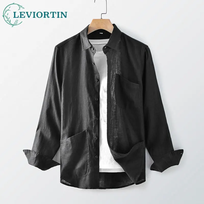 2025 Spring New Men's Fashion Trend Collar Long Sleeve Linen Loose Casual Versatile Simple and Comfortable Solid Color Shirt