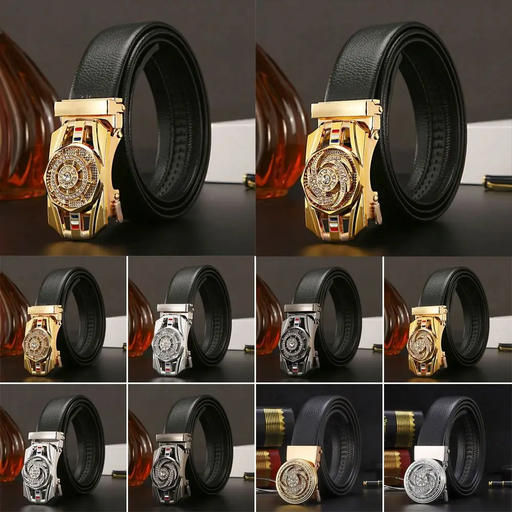 Men Luxury Design Automatic Buckle Belt Business Rhinestone Decoration Rotatable Buckle Waistband 