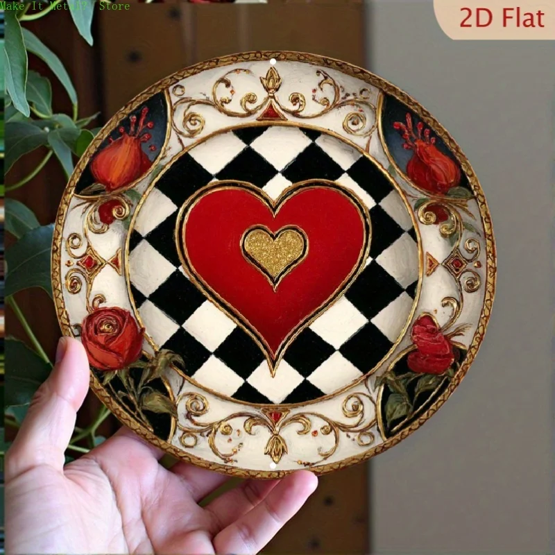 2D Flaches Vintage Rotes Herz mit Schachbrettmuster & Rosenmuster Rundes Blechschild Romantische Metall-Wandkunst für Valentinstag, Hochzeit