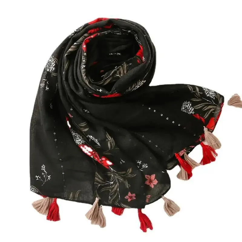 Black Tassel Shawl Printed Floral Viscose Cotton Scarf For Women Summer Muslim Hijab Lightweight Sun Protection Cape 180*90cm