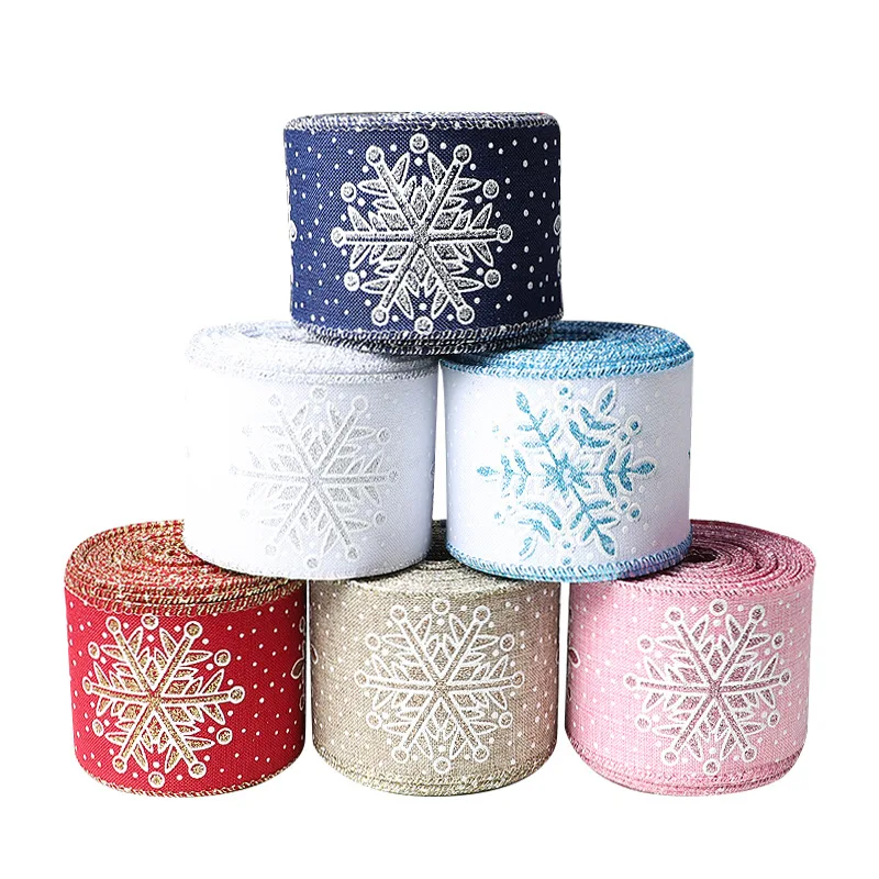 6.3cm×10yards Christmas Fine Linen Snowflake Printed Ribbon Christmas Decoration Accessories Red Blue Christmas Bow DIY Ribbon