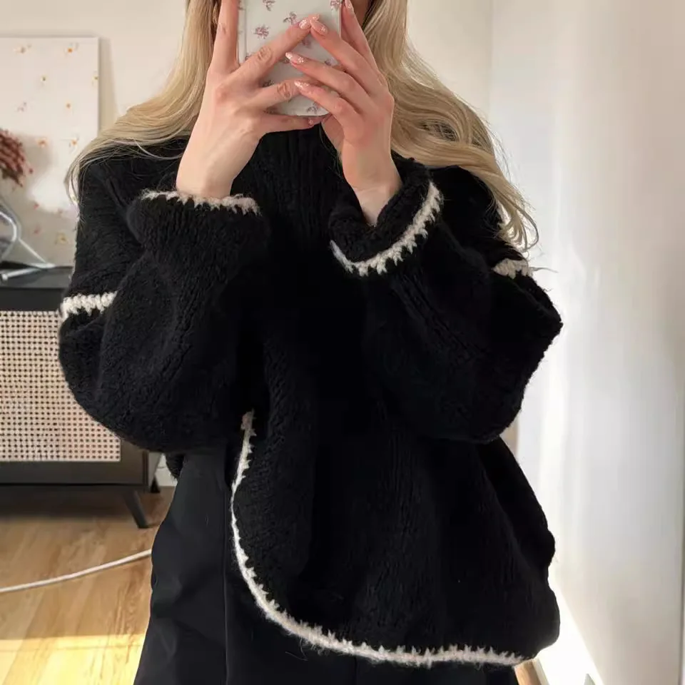 

Pullovers Women Knit Sweaters Round Neck Thick Warm Long Sleeve Jumpers Solid Knitted Casual Spliced Sweater Regular Autumn