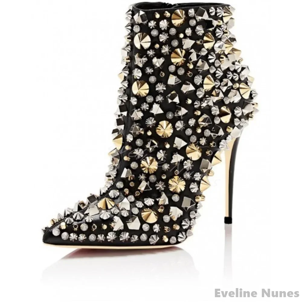 Luxury Studded Ankle Boots Women Black Pointed Toe Stiletto Heel Side Zipper Short Boots 2025 New Fashion Catwalk Party Boots