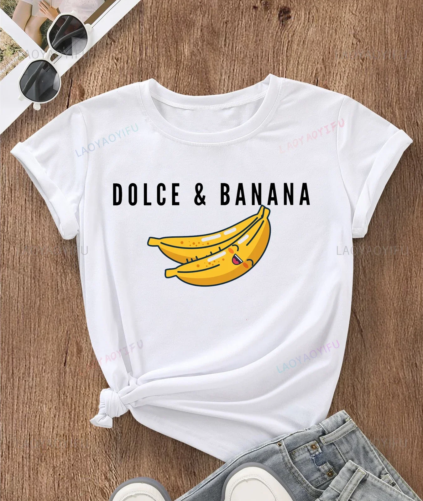 Dolce Banana Fruit Cartoon Print T-Shirt Kawaii Round Neck Tops Summer Comfortable Breathable Female Slim Casual O-neck Tees