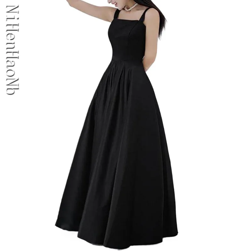 Vestido De Novia largo hasta el suelo, traje elegante De satén negro con tirantes finos, A la moda, novedad De 2023