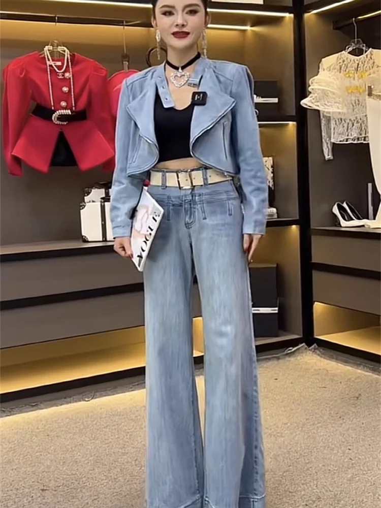 

High end luxury retro fashion denim suit for women spring 2025 Hong Kong style short jacket and micro flared pants