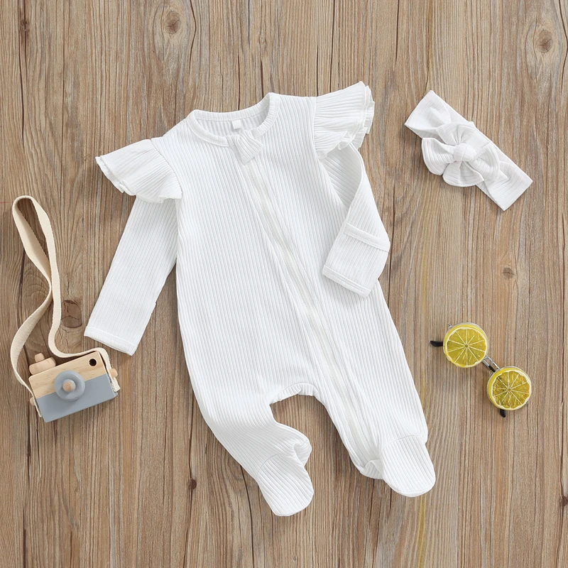 0-6M Newborn Infant Baby Girls Jumpsuit Knitted Soft Ruffles Long Sleeve Romper Playsuit Autumn Spring Baby Clothing