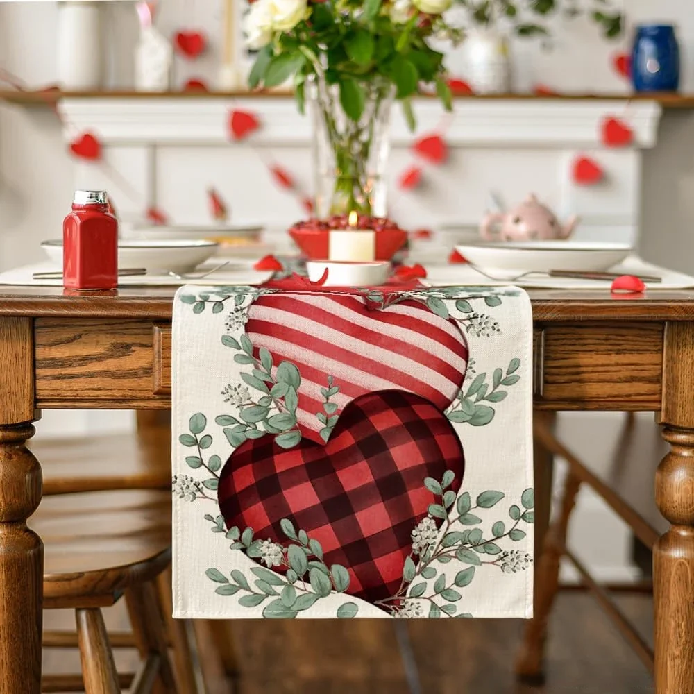 Valentine's Day Eucalyptus Hearts Linen Table Runners Dresser Scarf Table Decor Anniversary Dining Table Runner Party Decoration