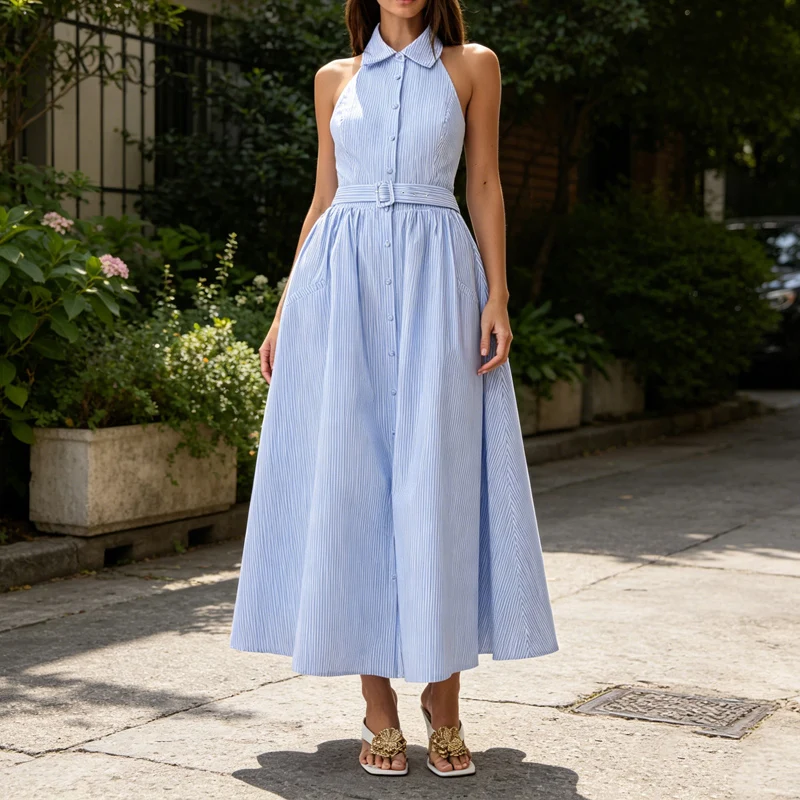 Elegant Sleeveless Button Party Dress Vintage Striped Print Waist Belt Shirt Dress Lady Fashion Turn Down Neck Pocket Long Dress
