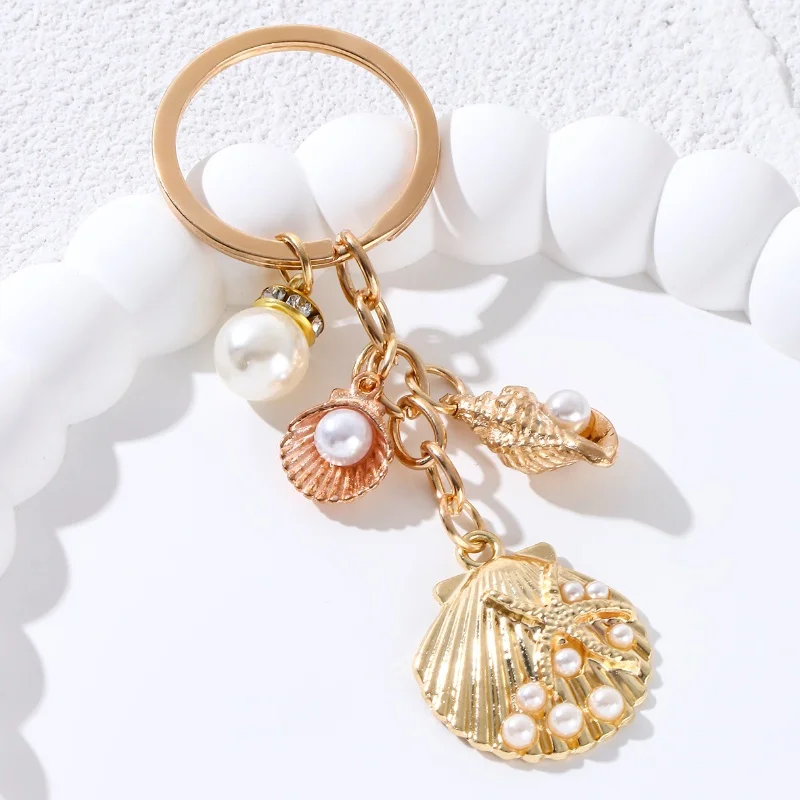 Lovely Blue Shell Starfish Keychains Pearl Crone Ocean Life Key Rings For Women Men Friendship Gift Handmade DIY Jewlery