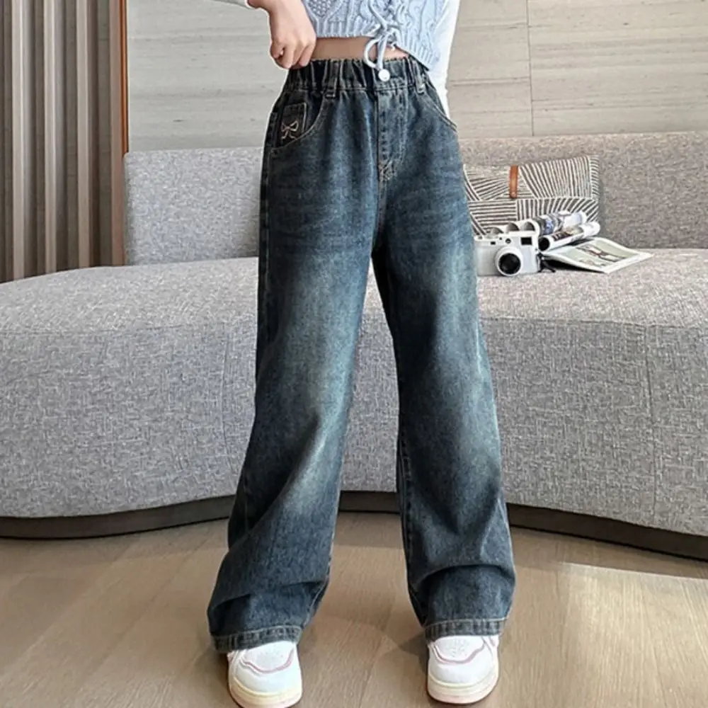 Jean Harajuku à nœud papillon pour enfants, droit, ample, Y2K, jambes larges, taille haute, pantalon en Denim pour petites filles, cadeau pour filles