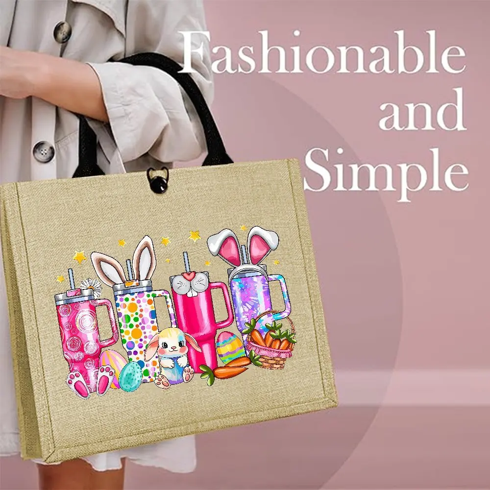 Easter Bunny Tumbler Cup Print Linen Tote Bag Cute Rabbit Egg Carrot Graphic Reusable Shopping Handbag Spring Holiday Gift Bag