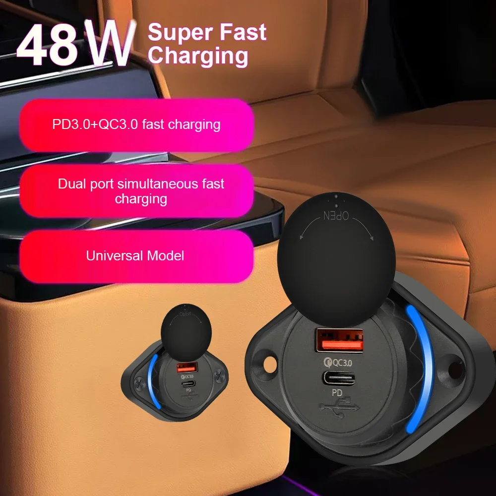 48W Car Charge QC 3.0+PD with Light Fast Charge Outlet Power Adapter with Sliding Cap Dust Protection USB Port Charger 12V-24V