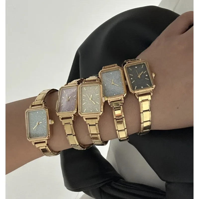 Ins Trendy Vintage Small Square Ladies Quartz Watch Shimmer Dial Gold Stainless Steel Strap Elegant Women Dress Wrist watch